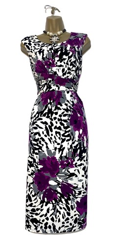 PRÉCIS PETITE Size 8 Bright Purple White Black Floral Print Bodycon Midi Dress - Picture 2 of 10