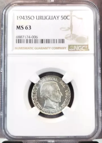 1943 URUGUAY SILVER 50 CENTESIMOS 50C NGC MS 63 BRIGHT BEAUTIFUL COIN