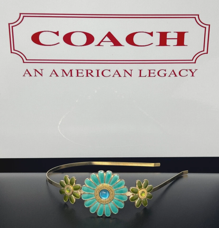 Coach Vintage Teal Green Enamel Glass Gold Daisy Flowers Snaphead Headband Tiara - Image 2 of 4