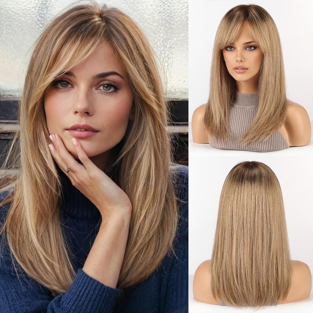 16 Inch Straight Human Hair Wig with Bangs, Lightweight Daily Wig Straight Human Hair Wigs for Women Layered Wig with Bangs  main image 2