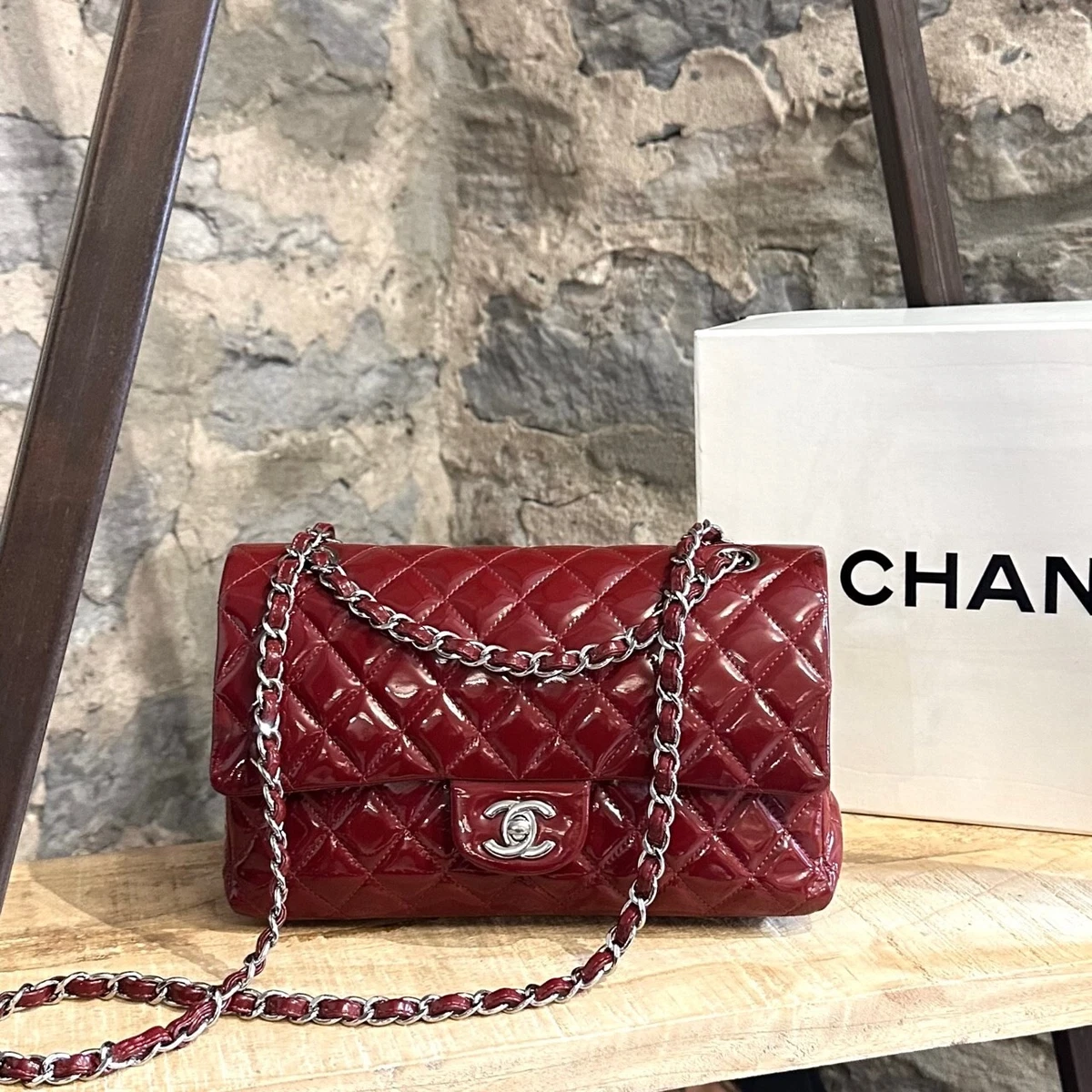 Chanel Red Quilted Patent Leather Classic Jumbo Double Flap Bag