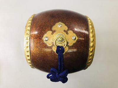 Y5915 OKIMONO Drum figure gold coating wooden stand Japan antique