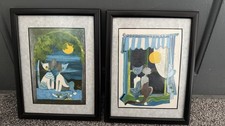 Vintage Rosina Wachtmeister Pair Of Prints Two Cats And The Moon Silver Foil