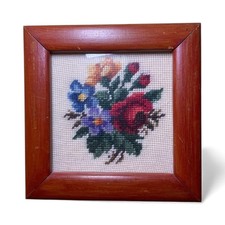 Vintage Floral Cross-Stitch Art In Wood Frame 6.25x6.25 Inches Floral Bouquet