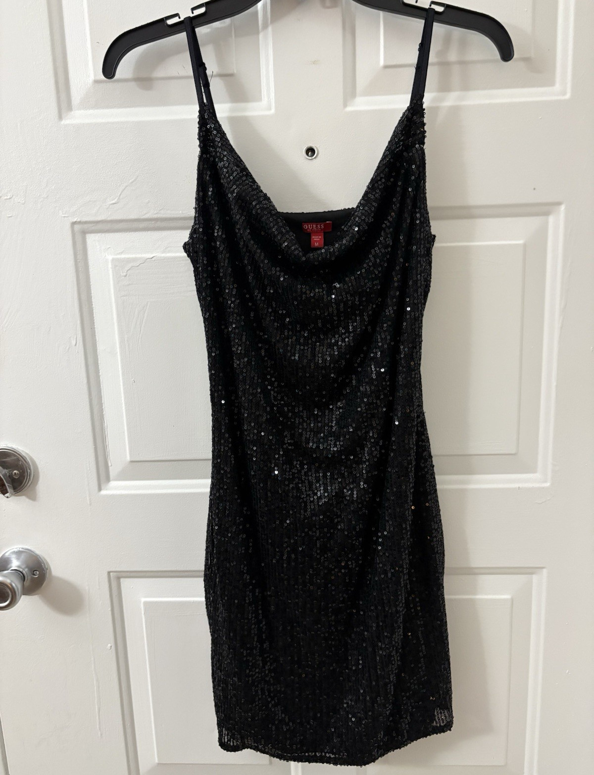 GUESS Women’s Black Sequin Slip Mini Dress Cowl Neck Spaghetti Straps Size M