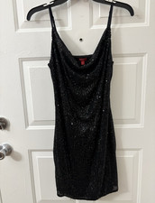 GUESS Women’s Black Sequin Slip Mini Dress Cowl Neck Spaghetti Straps Size M