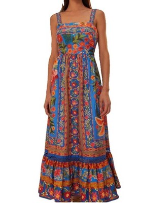 Farm Rio Garden Dress Colorful  Side Zipper Bow In Back Maxidress Size Small