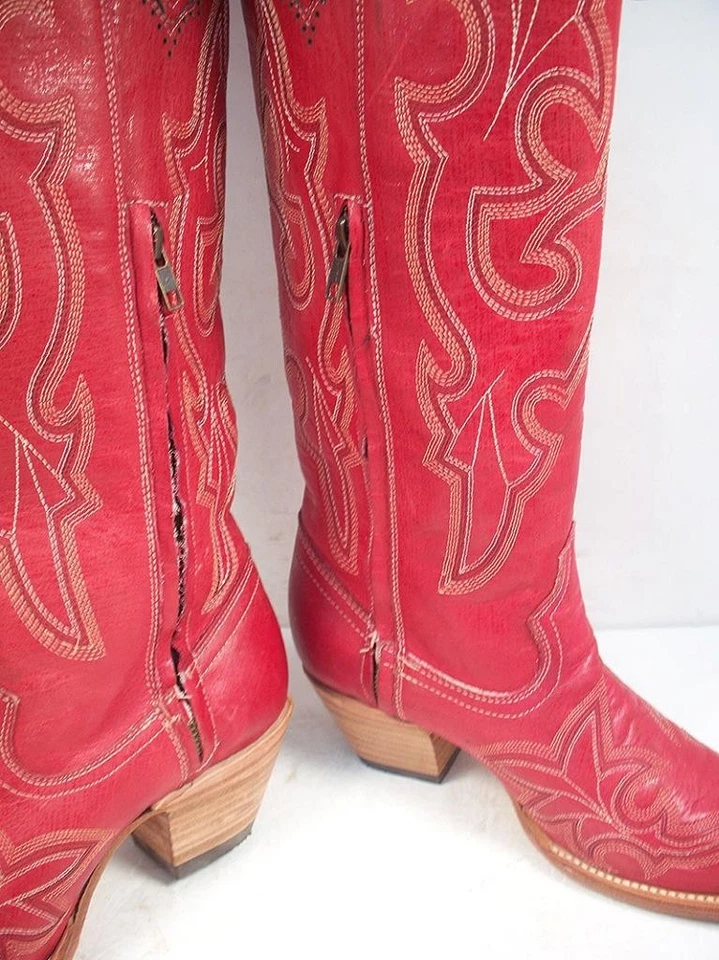 Женские сапоги вестерн Corral 9 M красные высокие сбоку на молнии с коротким носком - Изображение 2 из 4