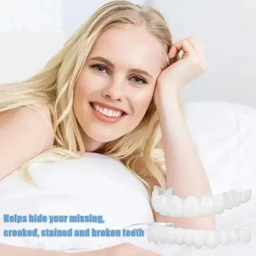 Woman wearing white snap-on veneers to hide missing teeth, with blue eyes and blonde hair, text: “Helps hide your missing, crooked, stained, and broken teeth.”