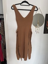 Light Brown Stretchy Ribbed Knee Length Sleeveless Dress With Tie Waist Size S/M