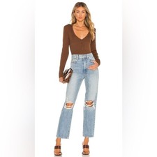 Bardot Ribbed Brown Collar Button Bodysuit Women s Size Small EUC