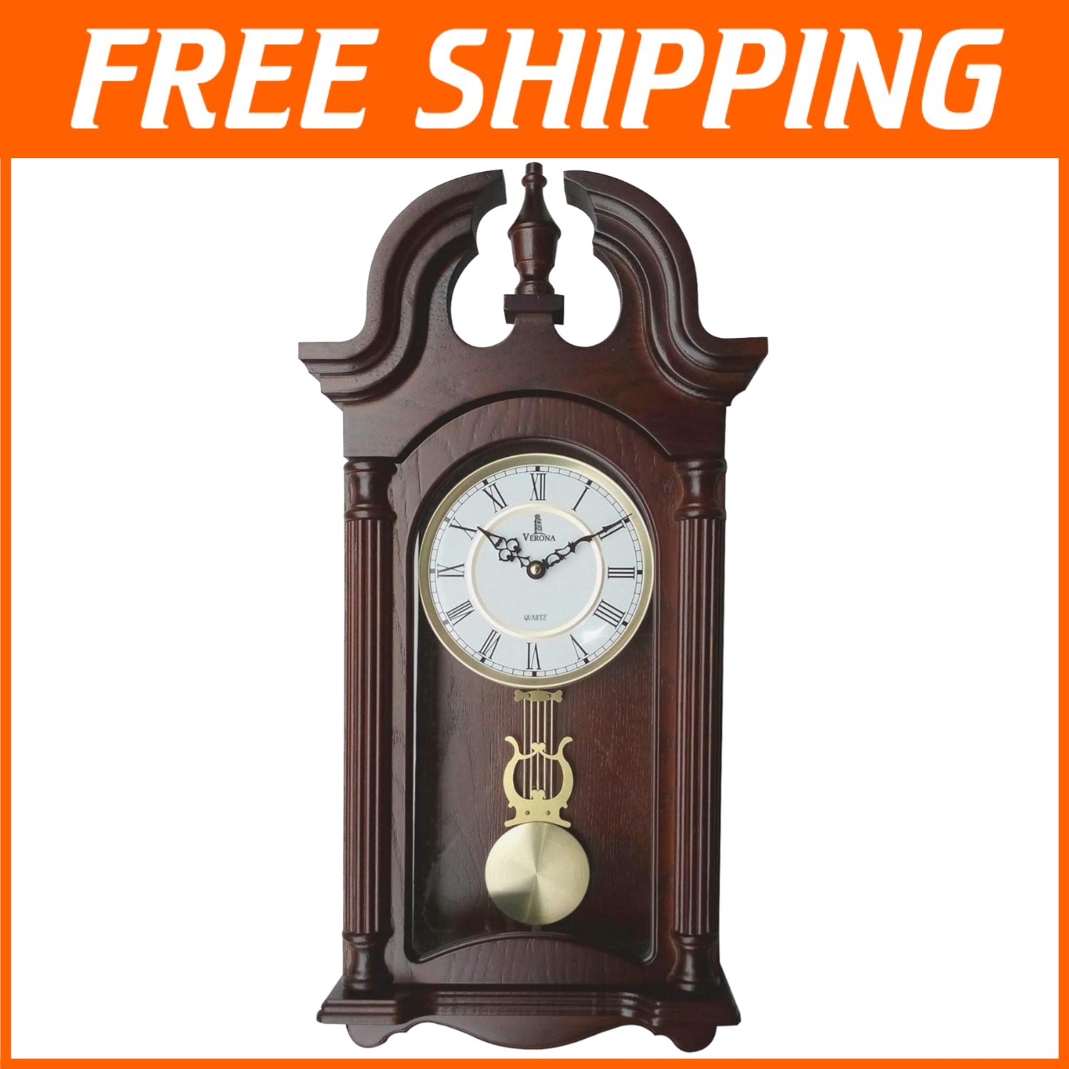 Verona Wooden Pendulum Wall Clock - Elegant Dark Wood Finish