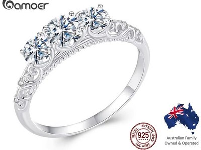 BAMOER 1.1CTTW Round Moissanite Ring Lab Diamond D Color VVS1 L 925 Sterling