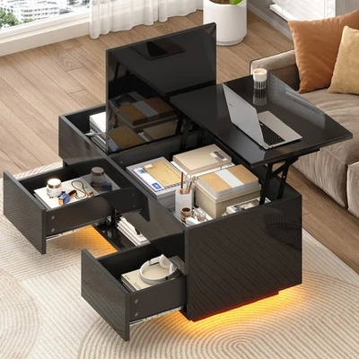 LED Lift-Top Coffee Table, High Gloss Centre Table with 2 drawers & LED lights - Image 1 of 4