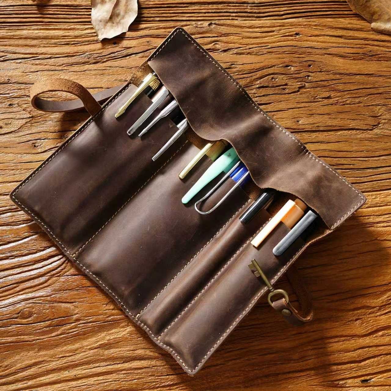 Genuine Leather Roll Up Pen Bag Retro Vintage Pencil Pouch Case Tool Storage