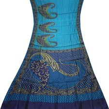 Namaste Vintage Blue Sarees 100 Pure Silk Printed Paisley Sari 5YD Craft Fabric