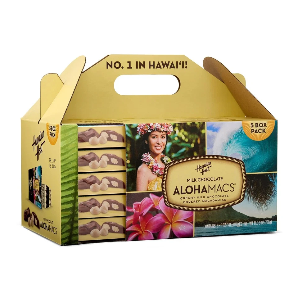 Paquete de 5 cajas de macadamias cubiertas AlohaMacs chocolate con leche hawaiano Host, total 25 oz Foto 3 de 4