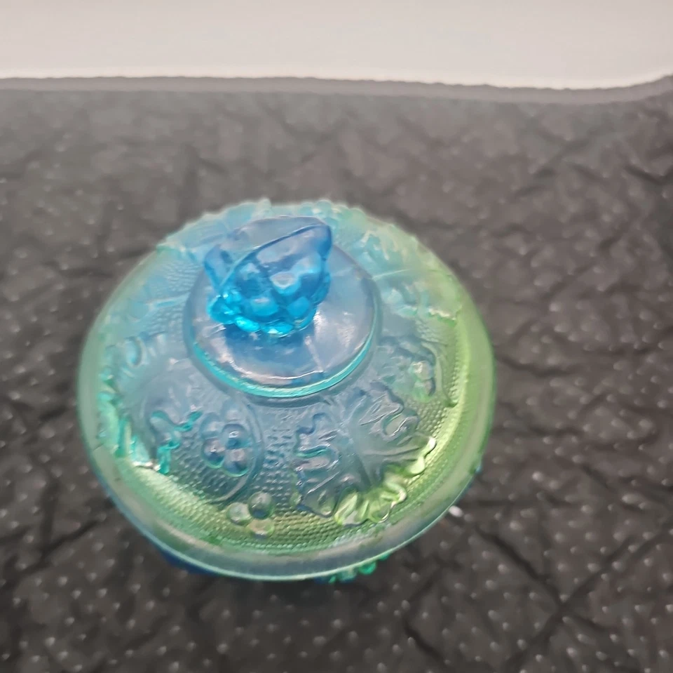 Plato de caramelo vintage Jeanette azul/verde con tapa de vidrio baratija de vid de uva Foto 2 de 4