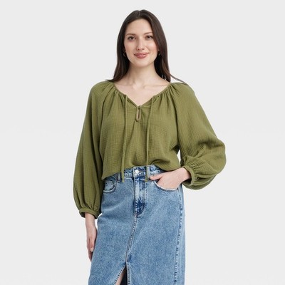 Universal Thread Womens Olive Gauze Peasant Top Long Sleeve Boho Cottagecore