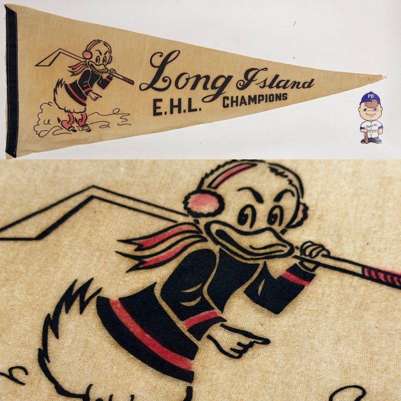 Vintage 1965 Long Island Ducks 11.5x28 Inch Pennant EHL Hockey Champions