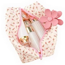 Floral Makeup Bag,Floral Quilted Makeup Pouch,Large Cosmetic Flowers