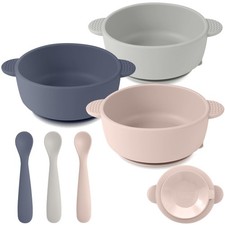 Eascrozn Silicone Baby Feeding Set, 3 Pack Baby Bowls with Suction and 3 Pack Ba