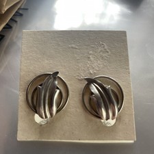 Vintage Danish 1950's Sterling Modernist Clip On Earrings Silver Leaf Design