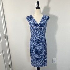 Lauren Ralph Lauren Womens Blue Geometric Sheath Ruched Dress Sleeveless Size 8