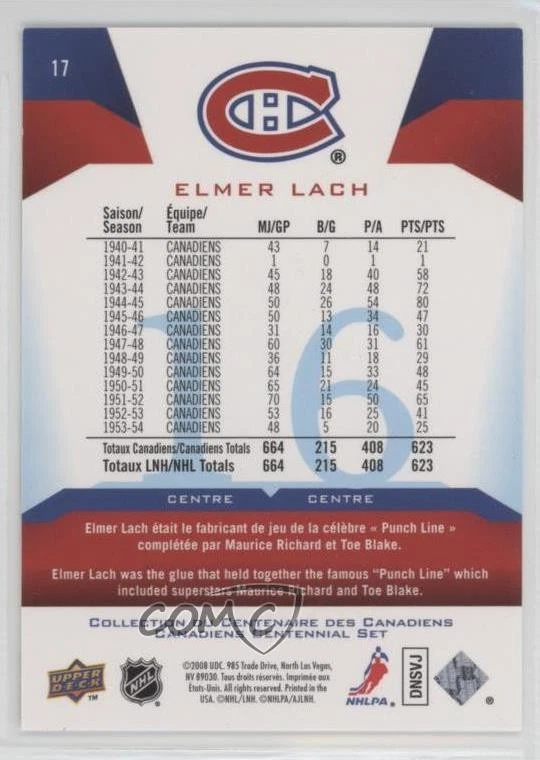 2008-09 Montreal Canadiens Centennial Set Parallel 100 /100 Elmer Lach #17 HOF - Image 2 of 2