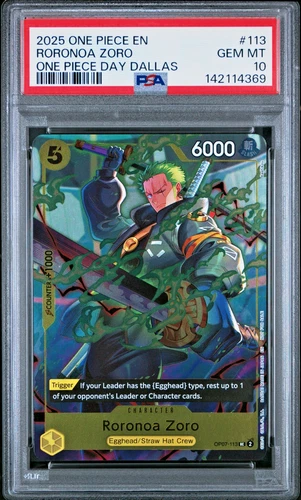 RORONOA ZORO ONE PIECE DAY DALLAS OP07-113 ONE PIECE CARD GAME PROMO PSA 10