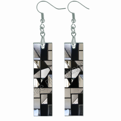 Shades of Grey Faux Stained Glass Art Print Geometric Shapes Bar Earrings Wood