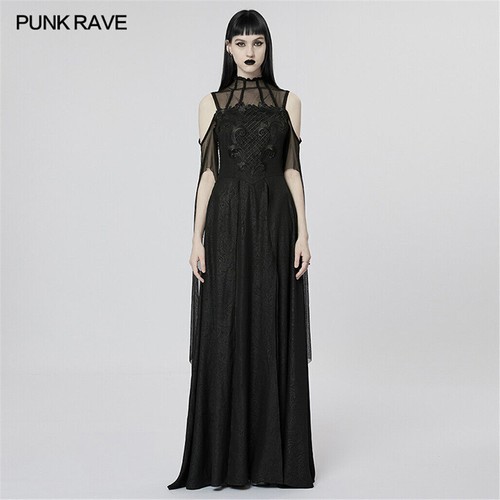 Punk Rave Gothic Stand Collar Off Shoulder Irregular Trumpet Sleeves Long Dress - Picture 3 of 17