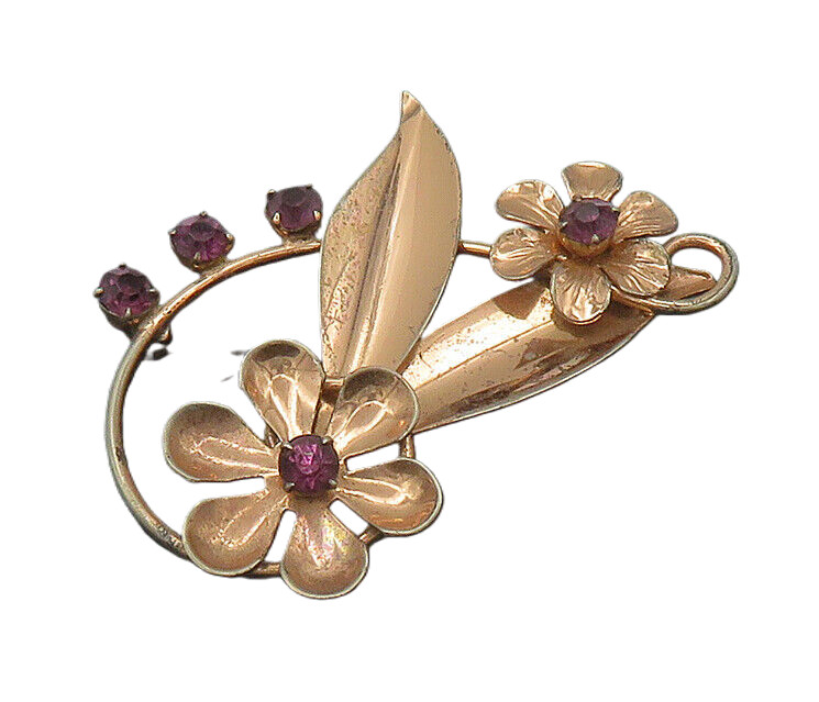 925 Sterling Silver Vintage Purple Topaz Shiny Floral Brooch Pin