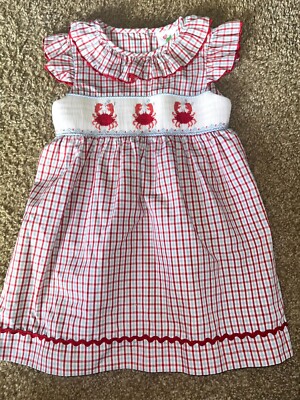 Shrimp Grits Baby Girl Smock Embroidered Crab Gingham Dress 2T 000815 