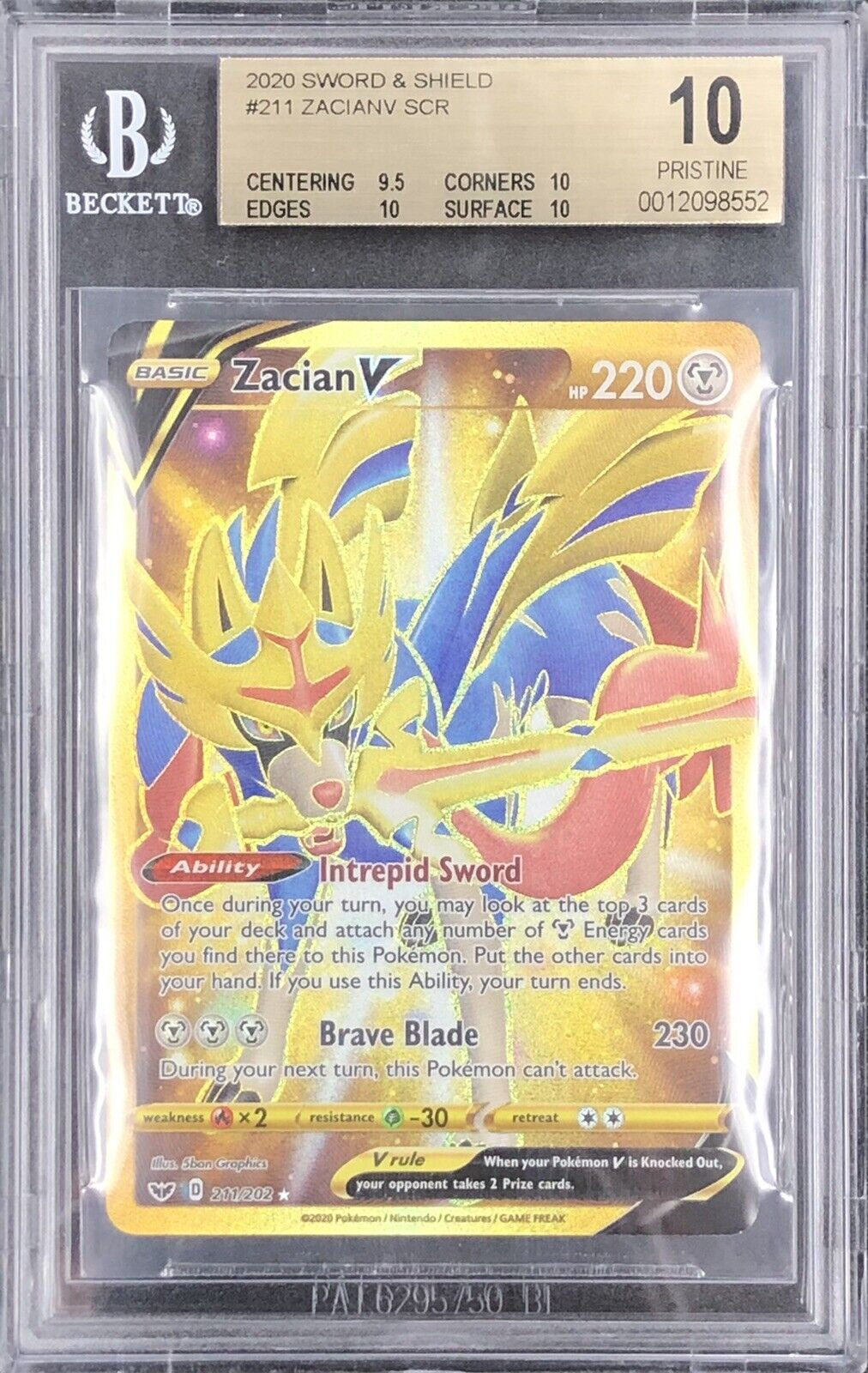 Pokemon Sword & Shield ZACIAN V BGS 10 PRISTINE Gold Secret Rare 211/202  English