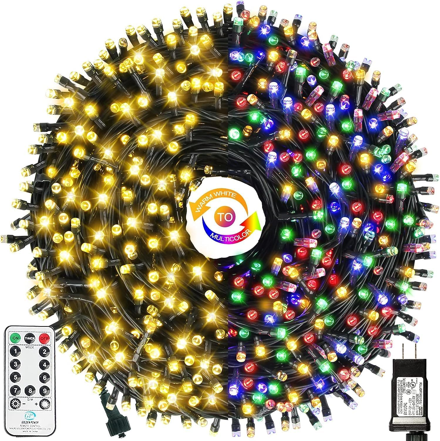 Color Changing Christmas String Lights Outdoor Indoor, 108FT 300 LED Warm White