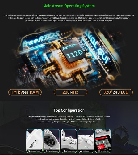 RadioLink T12D 12CH RC Transmitter 2.4G R12F Receiver for Drone Car Boat - Picture 8 of 29