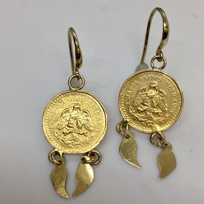 14K Solid Yellow Gold  22K 2.5 Pesos Gold Coin 1.5 Inch Dangling Wire Earrings