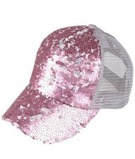 NEW PINK MERMAID SEQUIN MESSY BUN BASEBALL MESH TRUCKER HAT