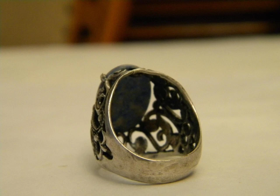 Vintage Silver Filigree Ring with Natural Blue Lapis Lazuli Stone Handmade Ant - Image 4 of 4