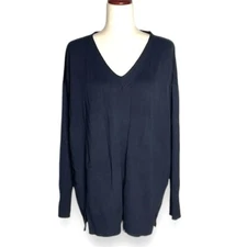 H by Halston Navy Blue Pullover V-Neck Close Knit Sweater Size Medium NEW