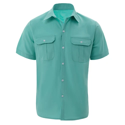 Men's Shirt Button Down Short Sleeve Two Front Pockets Solid Color Casual Tops#A - Picture 9 of 21