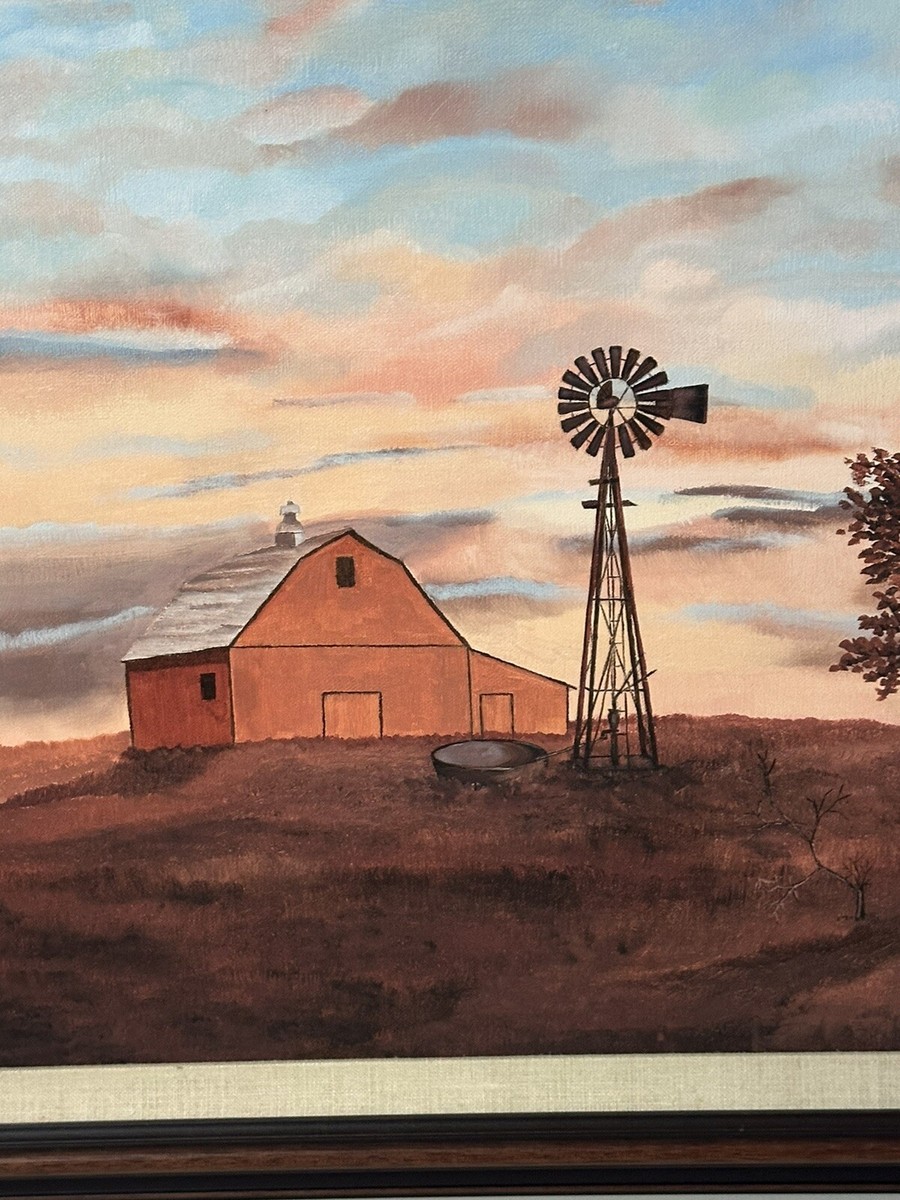Original Acrylic On Canvas By Frieda Rau Barn Windmill Landscape