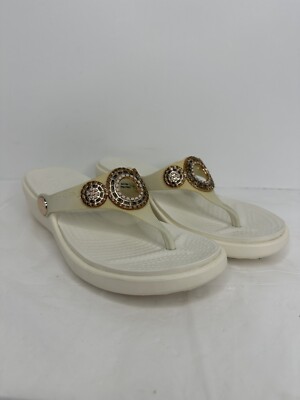 Crocs Sanrah Diamante Wedge White Oyster/Rose Gold Sandals Women Size 4 FlipFlop