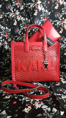 New Karl Lagerfeld Nouveau Red Leather Tote Crossbody Bag w/ Clutch Bag 