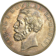 P377, Romania, Carol I, 5 Lei 1883 B, Bucharest Mint, Silver, XF/AU