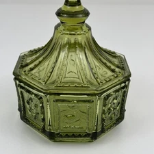 Indiana Glass Hexagon Colonial Green Birds & Flowers Candy Dish w/ Lid Vintage