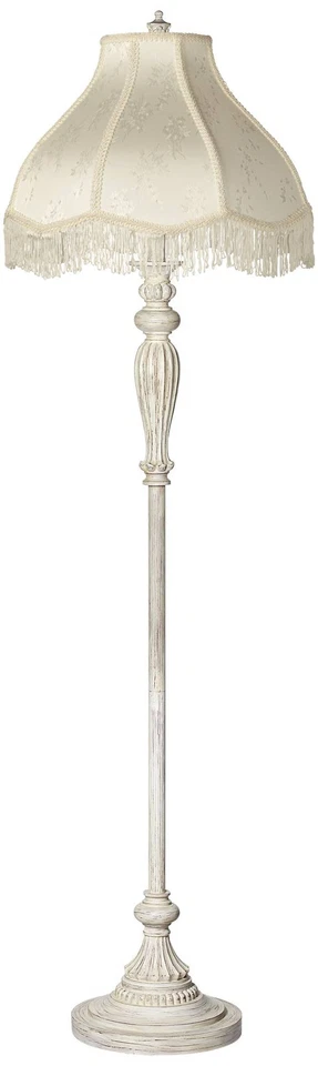 Lámpara de pie Shabby Chic antigua blanca crema tela pantalla flecos para sala de estar Foto 2 de 4