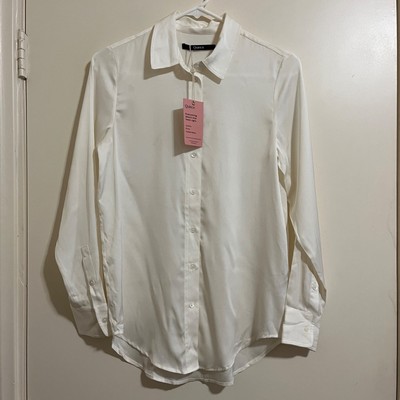 Quince Washable Stretch Silk Button Up Top Sz XS Ivory Classic Career Modest.