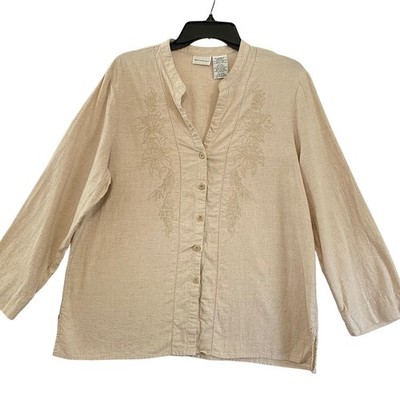 White Stag Linen Blend Embroidered Button Down Top Beige Natural Color XL/XG